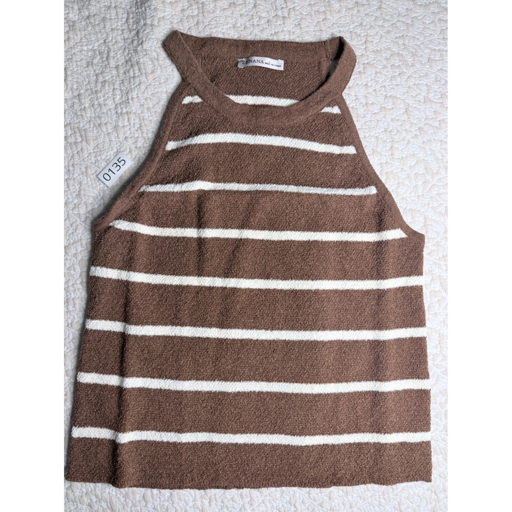 Zenana Womens Brown Striped Knit Halter Tank Top Large Boucle Sweater Sleeveless